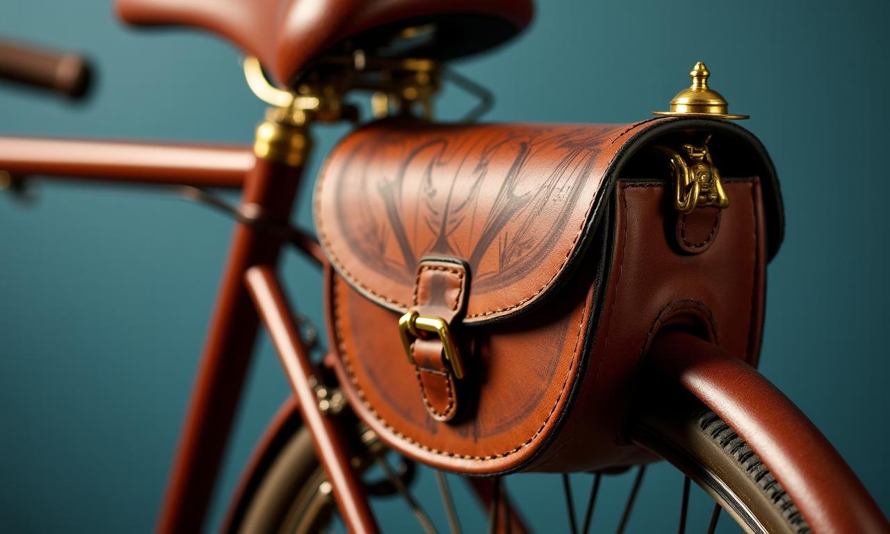 Art Deco themed bicycle bell and leather pouch close up