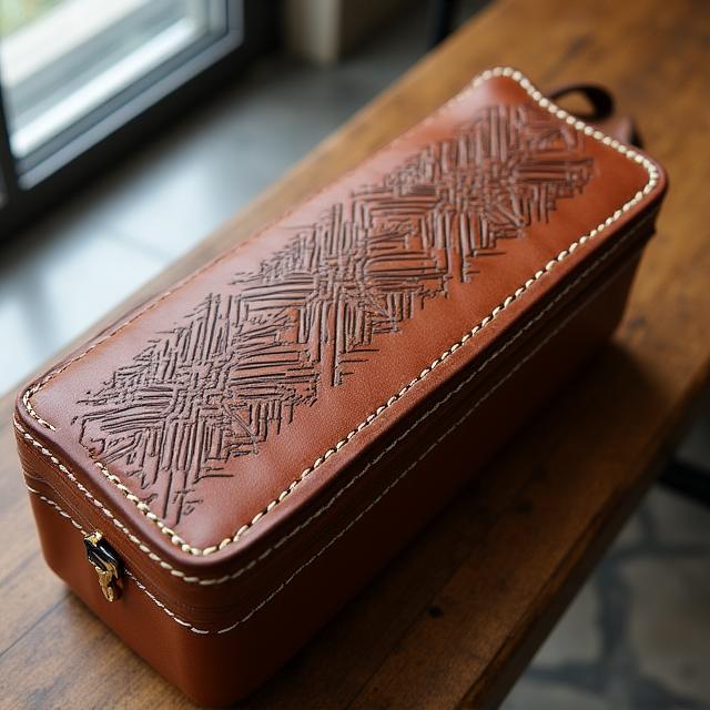 Hand-stitched leather tool pouch with geometric pattern