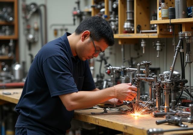 Master mechanic working on a bespoke bicycle frame